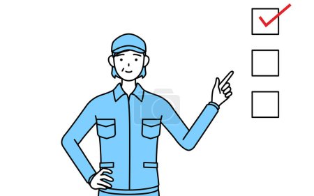 Téléchargez les illustrations : Femme âgée en chapeau et vêtements de travail pointant vers une liste de contrôle, Illustration vectorielle - en licence libre de droit