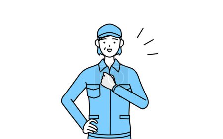 Illustration for Senior woman in hat and work clothes tapping her chest, Vector Illustration - Royalty Free Image