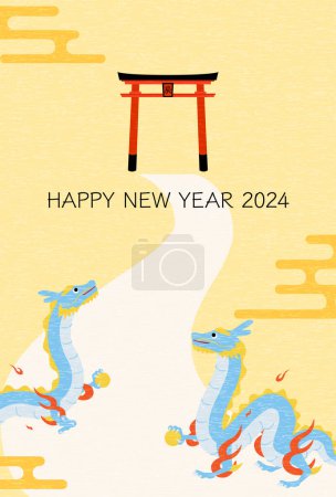 Ilustración de Tarjeta de felicitación de Año Nuevo lindo dragón para 2024, dragón dirigiéndose a la puerta torii de un santuario por primera vez. - Traducción: Dragón - Imagen libre de derechos