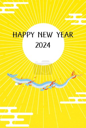Ilustración de Lindo dragón año 2024 Tarjeta de felicitación de Año Nuevo, primer amanecer y dragón bailarín, material de postal de Año Nuevo, ilustración vectorial - Imagen libre de derechos