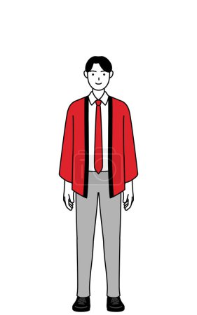 Téléchargez les illustrations : Homme portant un manteau happi rouge avec un sourire tourné vers l'avant, Illustration vectorielle - en licence libre de droit