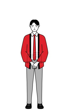Téléchargez les illustrations : Homme portant un manteau happi rouge s'inclinant avec les mains pliées, Illustration vectorielle - en licence libre de droit