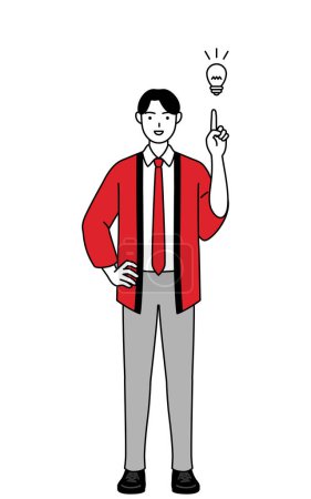 Téléchargez les illustrations : Homme portant un manteau rouge happi venir avec une idée, Illustration vectorielle - en licence libre de droit