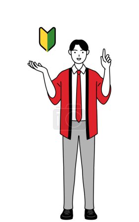 Téléchargez les illustrations : Homme portant un manteau happi rouge montrant le symbole pour les jeunes feuilles, Illustration vectorielle - en licence libre de droit