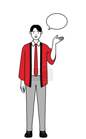 Téléchargez les illustrations : Homme portant un manteau rouge happi donnant des directions, avec un wipeout, Illustration vectorielle - en licence libre de droit