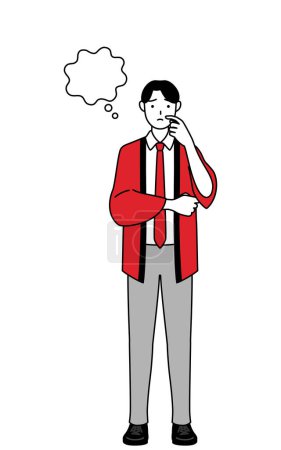 Téléchargez les illustrations : Homme portant un manteau rouge happi penser tout en se grattant le visage, Illustration vectorielle - en licence libre de droit