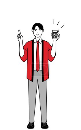 Téléchargez les illustrations : Homme portant un manteau happi rouge tenant une calculatrice et pointant, Illustration vectorielle - en licence libre de droit