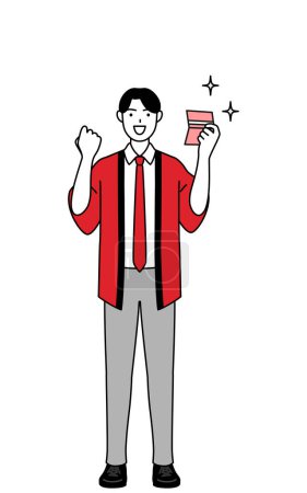 Téléchargez les illustrations : Homme portant un manteau rouge happi qui est heureux de voir un livre de banque, Illustration vectorielle - en licence libre de droit