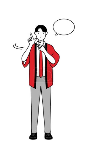 Téléchargez les illustrations : Homme portant un manteau happi rouge actionnant un smartphone, Illustration vectorielle - en licence libre de droit