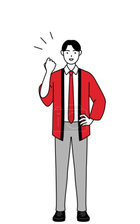 Téléchargez les illustrations : Homme portant un manteau happi rouge posant avec des tripes, Illustration vectorielle - en licence libre de droit