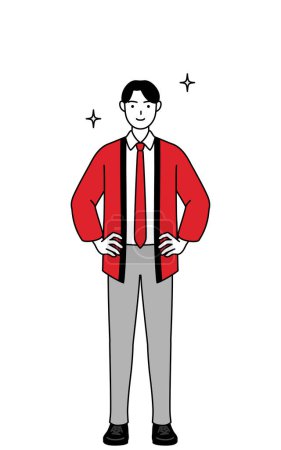 Téléchargez les illustrations : Homme portant un manteau happi rouge avec les mains sur les hanches, Illustration vectorielle - en licence libre de droit