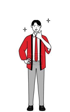 Téléchargez les illustrations : Homme portant un manteau happi rouge dans une pose confiante, Illustration vectorielle - en licence libre de droit