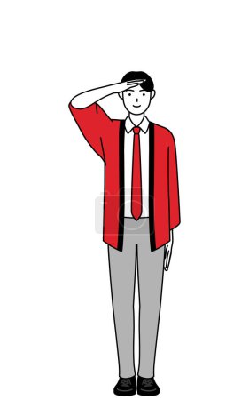 Téléchargez les illustrations : Homme portant un manteau rouge happi faisant un salut, Illustration vectorielle - en licence libre de droit