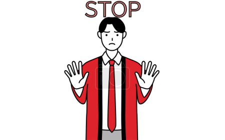 Téléchargez les illustrations : Homme portant un manteau rouge happi avec les mains devant son corps, signalant un arrêt, Illustration vectorielle - en licence libre de droit