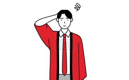 Téléchargez les illustrations : Homme portant un manteau happi rouge se grattant la tête en détresse, Illustration vectorielle - en licence libre de droit