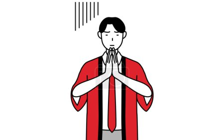 Téléchargez les illustrations : Homme portant un manteau happi rouge s'excusant avec ses mains devant son corps, Illustration vectorielle - en licence libre de droit