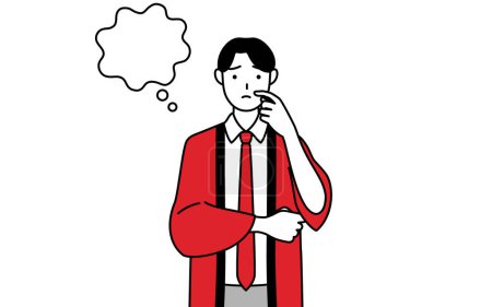 Téléchargez les illustrations : Homme portant un manteau rouge happi penser tout en se grattant le visage, Illustration vectorielle - en licence libre de droit