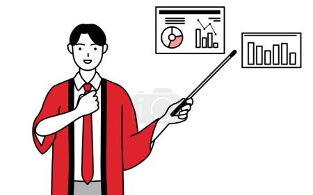 Téléchargez les illustrations : Homme portant un manteau happi rouge analysant un graphique de performance, Illustration vectorielle - en licence libre de droit