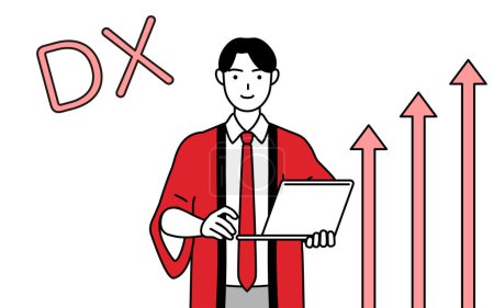 Téléchargez les illustrations : Image de DX, Homme portant un manteau rouge happi qui a réussi à améliorer son entreprise, Illustration vectorielle - en licence libre de droit