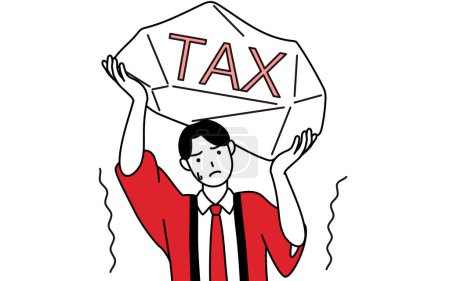 Téléchargez les illustrations : Homme portant un manteau happi rouge souffrant d'augmentations d'impôts, Illustration vectorielle - en licence libre de droit