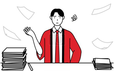 Illustration for Man wearing a red happi coat who is fed up with his unorganized business, Vector Illustration - Royalty Free Image