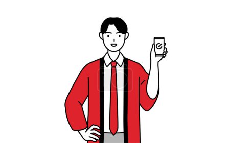 Téléchargez les illustrations : Homme portant un manteau happi rouge à l'aide d'un smartphone au travail, Illustration vectorielle - en licence libre de droit