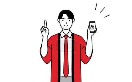 Téléchargez les illustrations : Homme portant un manteau happi rouge prenant des mesures de sécurité pour son téléphone, Illustration vectorielle - en licence libre de droit