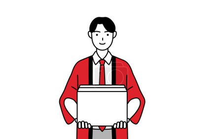 Téléchargez les illustrations : Homme portant un manteau happi rouge travaillant pour transporter des boîtes en carton, Illustration vectorielle - en licence libre de droit