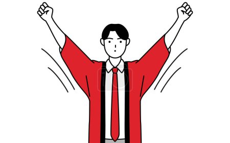 Téléchargez les illustrations : Homme portant un manteau rouge happi faisant de la radio calisthénique, préparation à la prévention des accidents, Illustration vectorielle - en licence libre de droit
