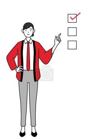 Téléchargez les illustrations : Femme portant un manteau happi rouge pointant vers une liste de contrôle, Illustration vectorielle - en licence libre de droit
