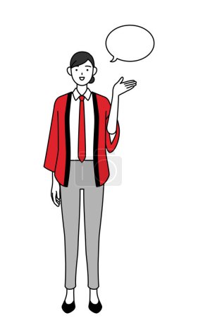 Téléchargez les illustrations : Femme portant un manteau happi rouge donnant des directions, avec un wipeout, Illustration vectorielle - en licence libre de droit
