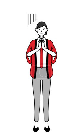 Illustration for Woman wearing a red happi coat apologizing with her hands in front of her body, Vector Illustration - Royalty Free Image