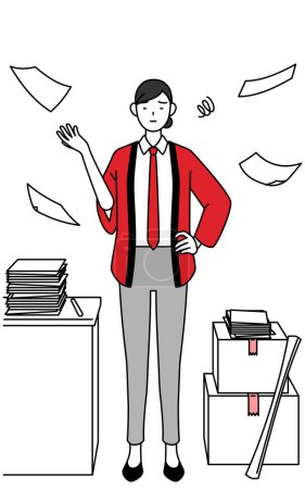 Illustration for Woman wearing a red happi coat who is fed up with her unorganized business, Vector Illustration - Royalty Free Image