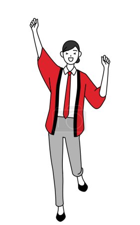 Téléchargez les illustrations : Femme portant un manteau happi rouge souriant et sautant, Illustration vectorielle - en licence libre de droit