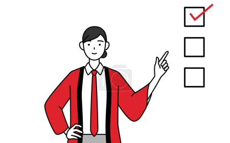 Téléchargez les illustrations : Femme portant un manteau happi rouge pointant vers une liste de contrôle, Illustration vectorielle - en licence libre de droit