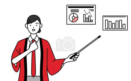 Téléchargez les illustrations : Femme portant un manteau happi rouge analysant un graphique de performance, Illustration vectorielle - en licence libre de droit