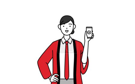Téléchargez les illustrations : Femme portant un manteau happi rouge à l'aide d'un smartphone au travail, Illustration vectorielle - en licence libre de droit