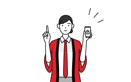 Illustration for Woman wearing a red happi coat taking security measures for her phone, Vector Illustration - Royalty Free Image