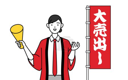 Téléchargez les illustrations : Femme portant un manteau rouge happi essaie d'attirer les clients devant une bannière publicitaire une grande vente, Illustration vectorielle - en licence libre de droit