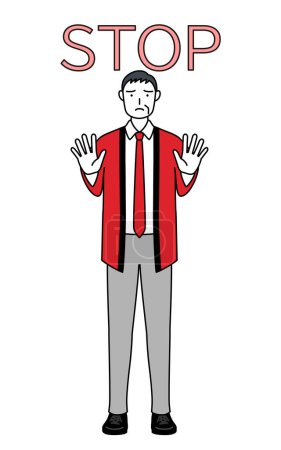 Téléchargez les illustrations : Homme âgé portant un manteau rouge happi avec les mains devant son corps, signalant un arrêt, Illustration vectorielle - en licence libre de droit