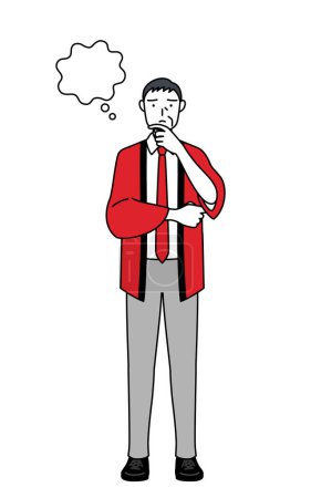 Téléchargez les illustrations : Homme âgé portant un manteau rouge happi penser tout en se grattant le visage, Illustration vectorielle - en licence libre de droit