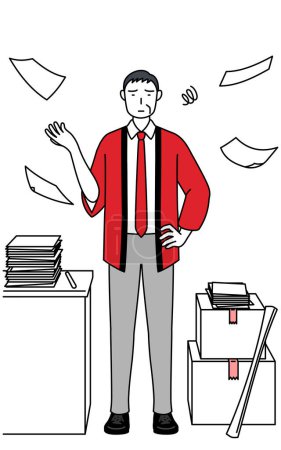 Illustration for Senior man wearing a red happi coat who is fed up with his unorganized business, Vector Illustration - Royalty Free Image