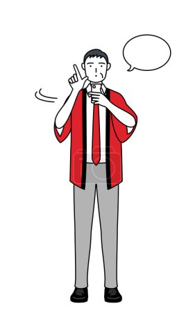 Téléchargez les illustrations : Homme âgé portant un manteau happi rouge opérant un smartphone, Illustration vectorielle - en licence libre de droit