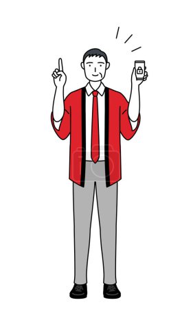 Illustration for Senior man wearing a red happi coat taking security measures for his phone, Vector Illustration - Royalty Free Image