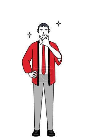 Téléchargez les illustrations : Homme âgé portant un manteau happi rouge dans une pose confiante, Illustration vectorielle - en licence libre de droit