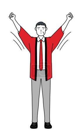 Ilustración de Hombre mayor con un abrigo happi rojo haciendo calistenia de radio, preparación para la prevención de accidentes, ilustración vectorial - Imagen libre de derechos