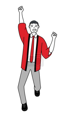 Téléchargez les illustrations : Homme âgé portant un manteau happi rouge souriant et sautant, Illustration vectorielle - en licence libre de droit