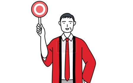 Téléchargez les illustrations : Homme âgé portant un manteau happi rouge tenant une pancarte maru qui montre la bonne réponse, Illustration vectorielle - en licence libre de droit