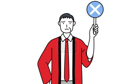 Téléchargez les illustrations : Homme âgé portant un manteau happi rouge tenant une pancarte avec un X indiquant une réponse incorrecte, Illustration vectorielle - en licence libre de droit