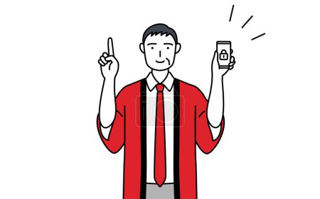 Illustration for Senior man wearing a red happi coat taking security measures for his phone, Vector Illustration - Royalty Free Image